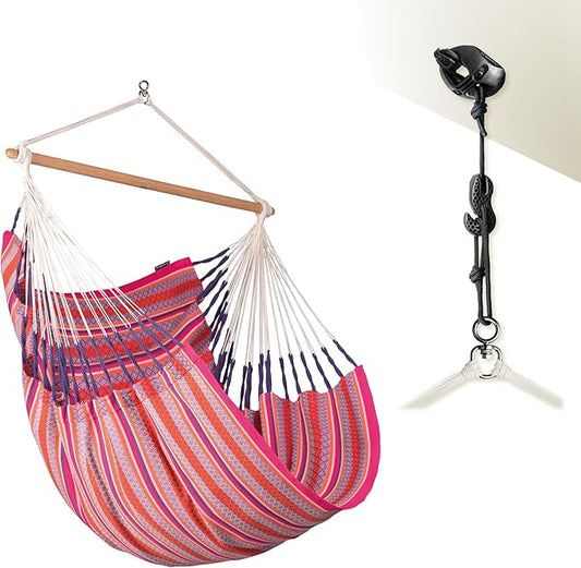 LA SIESTA® - Large Comfort Habana Cotton Hammock Chair & CasaMount - Hanging Chair w/Suspension Kit for Walls Ceilings & Square Beams - Indoor Outdoor Swing Hanging Chair Bedroom Balcony - Flamingo