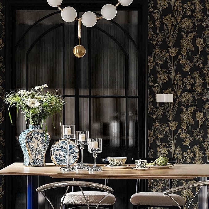 Dimoon 393"x17.3" Floral Wallpaper Peel and Stick Flowers Golden Black Contact Paper Thicken Waterproof Modern Self Adhesive Plants Wallpaper Removable Wall Paper Shelf Vinyl Roll