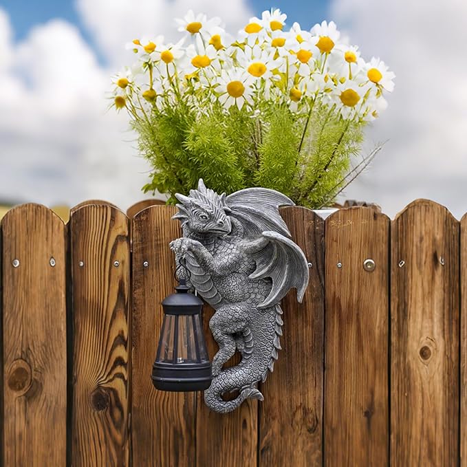 Dragon Statue Solar Lantern for Garden Décor, Dragons Figurine Night Light, 10”Outdoor Decorative Lamp, Mountable on Trees/Walls/Fences. Birthday/Housewarming Gifts for Dragon Fans