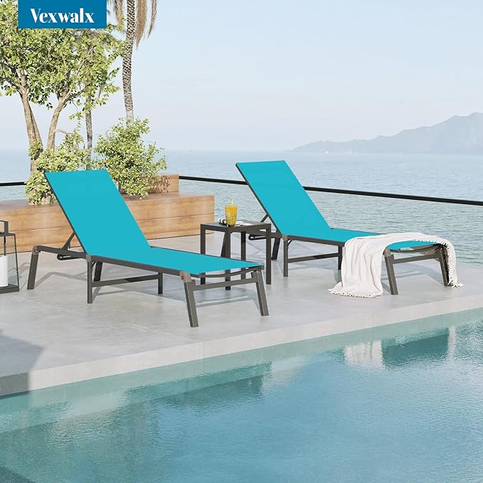Chaise Lounge Outdoor, Foldable Aluminum Pool Lounge Chairs with 5 Positions Recliner - Free Assembly - Patio Chaise Lounge Chair for Poolside, Beach, Yard (Lakeblue)