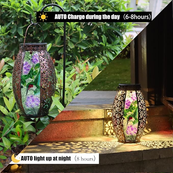 Outdoor Solar Lantern-Waterproof Hummingbird Hanging Metal Decorative Lights for Patio Table Garden Pathway Yard with Super Bright Warm White LED, Large Solar Panels, Auto On/Off