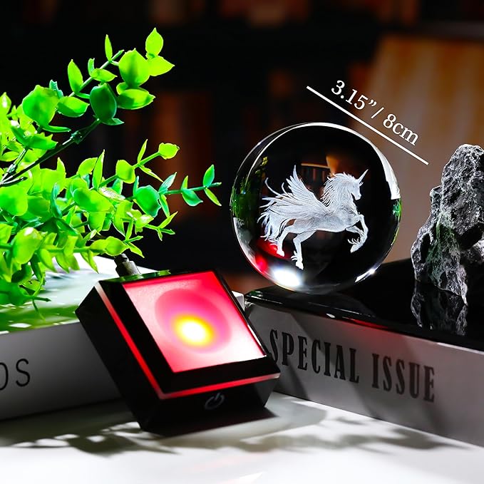 Qianwei Unicorn Gifts for Women 3D Crystal Ball 3.14'' - 80mm Laser Unicorn Decor Glass Animals Unicorn Gifts Figurines Statue Stuff for Room Decorations Unicorn Night Light