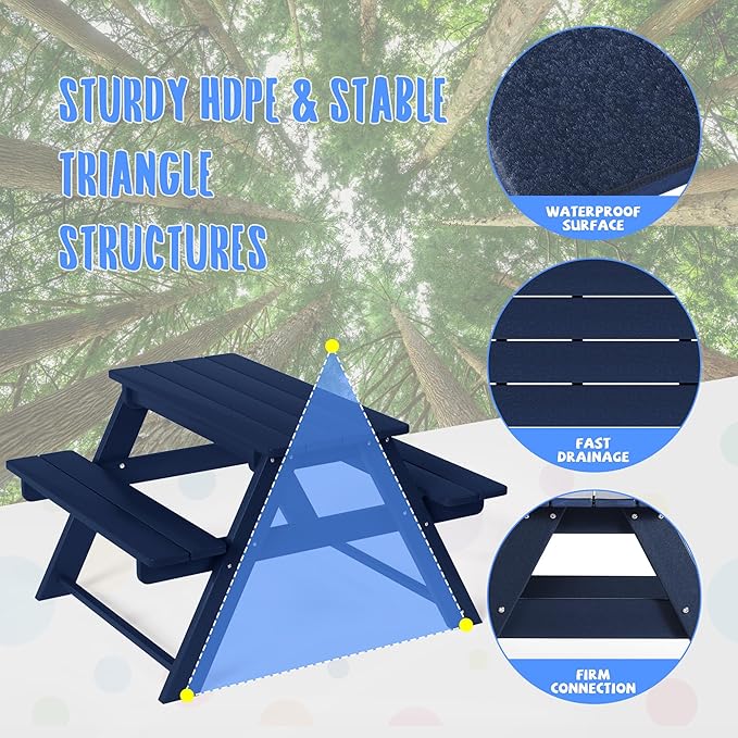 Costaelm Kids Picnic Table, HDPE All Weather Outdoor Toddler Picnic Table and Chair Set Kids Bench for Patio, Backyard, Garden, Lawn, Navy Blue