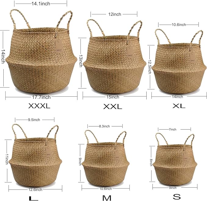 Large Seagrass Plant Basket with Handles, Wicker Woven Storage Basket (14.1“ Diameter x 13.8" Height), Natural)