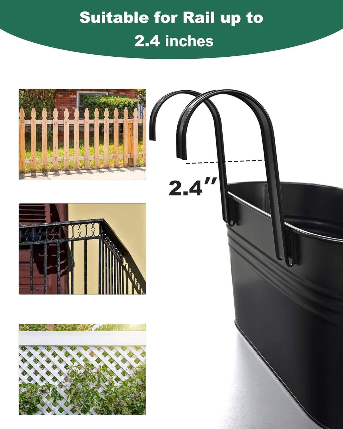 vensovo 16 Inch Railing Planter for Outdoor Plants - 3 Pack Large Metal Balcony Hanging Planters with Detachable Hooks and Drain Holes Oval Box Rail Pots for Home Garden Fence, Black