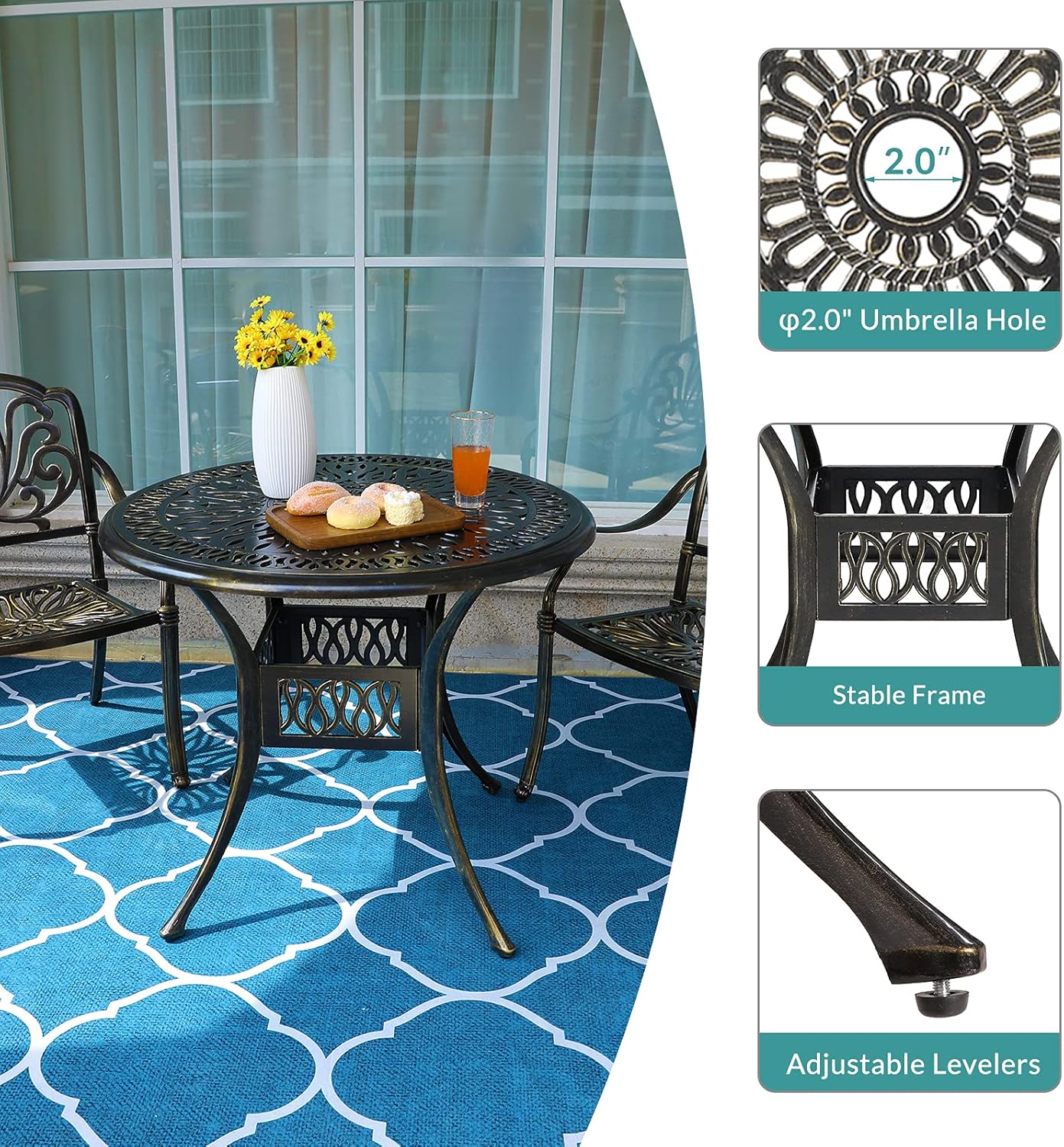 MEETWARM 3 Piece Patio Bistro Set, Outdoor All-Weather Cast Aluminum Dining Furniture Set Includes 2 Chairs and a 35.4” Round Table with Umbrella Hole for Garden Deck