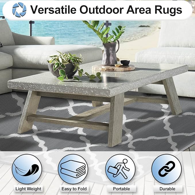 OutdoorLines Outdoor Plastic Area Rugs for Patio 6x9 ft - Reversible Outside Carpet, Stain & UV Resistant RV Mats, Straw Rug for Camping, Deck Garden, Porch and Balcony, Moroccan Grey & Light Grey