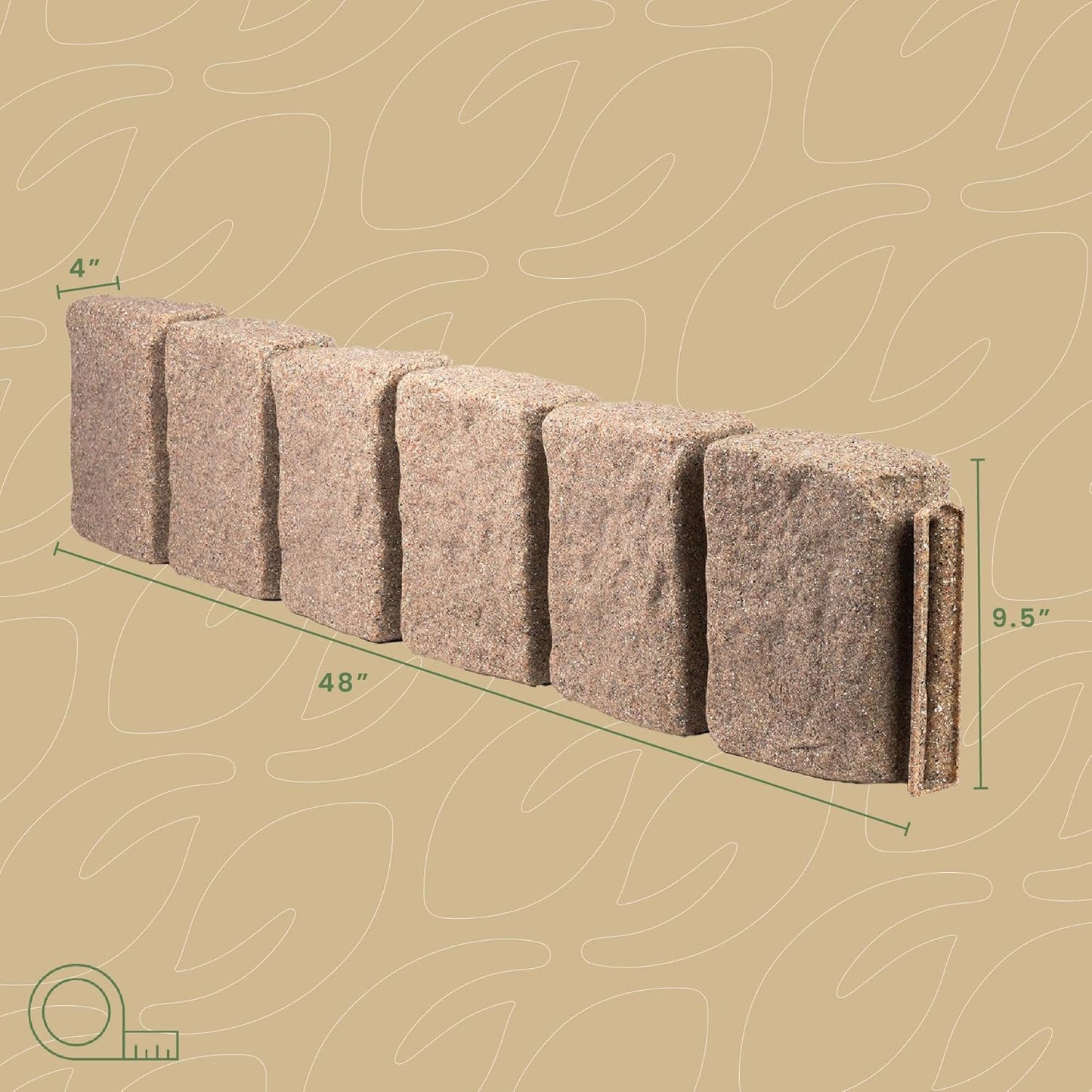 Beuta Landscape Edging | Garden Edging Border | Faux Stone Block XL for Lawn Edging, Flower Beds & Yard Edging – 4 Pack | Each Section Has 6 Blocks 48" L x 4" W x 9.5" H | 12 Spikes | Sandstone
