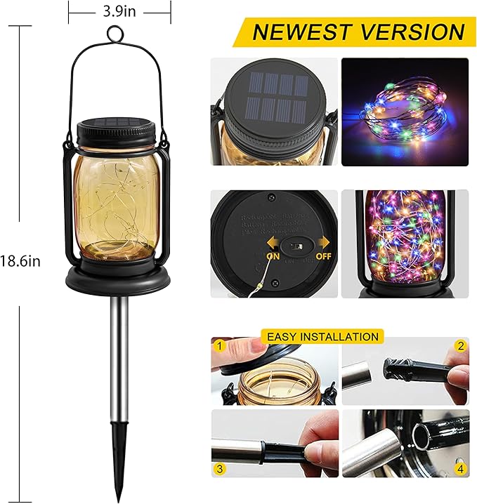 4 Pack Hanging Solar Lantern Lights, 30LED Vintage Glass Mason Jar Solar Fairy Lights Outdoor Decorative Waterproof Table Lamp with Stakes for Patio Yard Lawn Tree