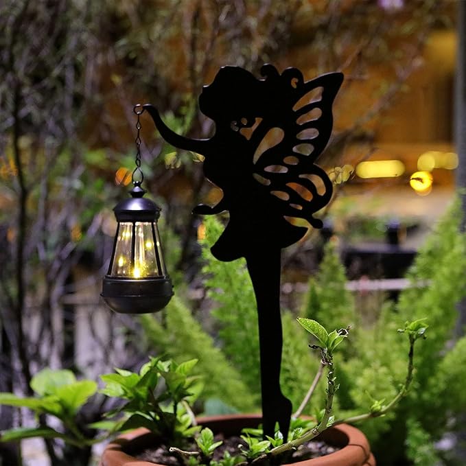 Solar Fairy Garden Decor – YUNJACKEYDZ 2 Pack Metal Fairy Hanging Lantern Solar Outdoor Garden Decoration Silhouette Light Stake Garden Decorative Stake Ornaments for Lawn,Patio or Courtyard,Gifts