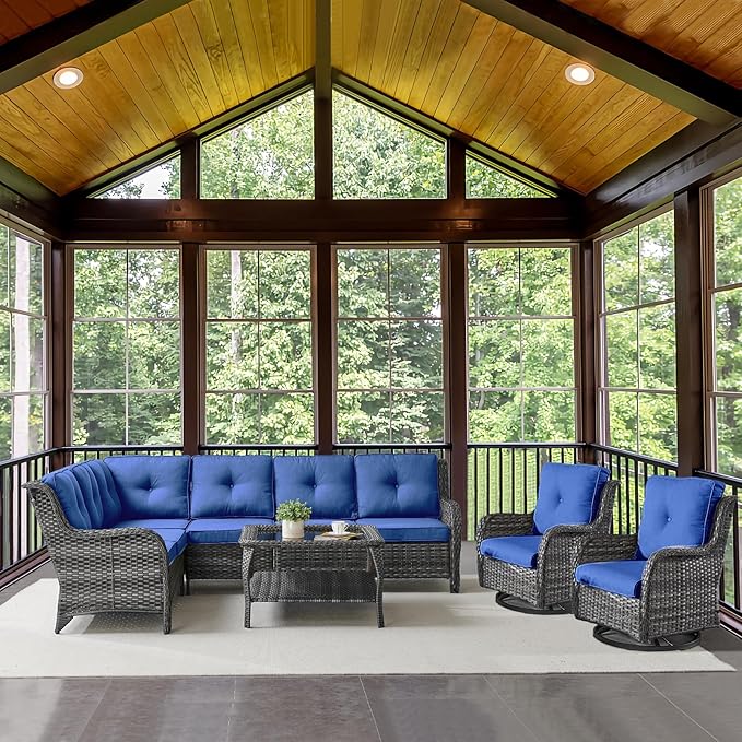 Outdoor Furniture Sectional Sofa L Shaped Couch - Patio Wicker Set with 2 Swivel Glider Chairs, 5 Piece Rattan Patio Conversation Sets with Blue Cushion for Deck Backyard Sunroom
