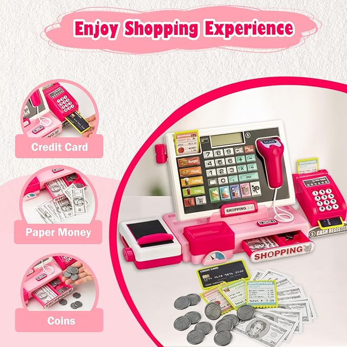 Kids Cash Register Toy with Shopping Cart Toddler Pretend Play Store Cashier Register for Kids with Music / Real Calculator / Scanner Learning Toys for Girls Birthday Gift for 3-8 Year Old Girl