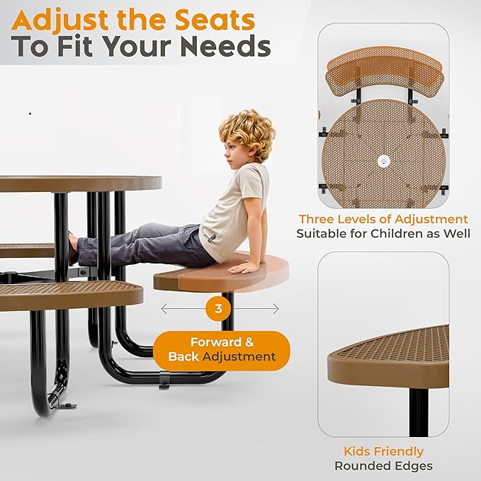 Metal Picnic Tables for Outdoors with Umbrella Hole - Coated Steel Heavy Duty Commercial Grade Table with Adjustable Seats (Brown, 46 in, Round, Expanded Steel)