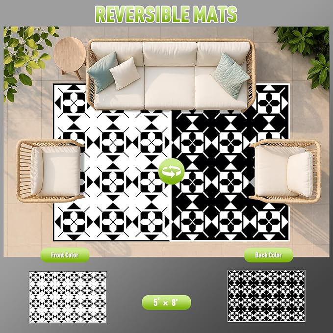 WILDROOTS 5x8 Feet Frame-in-Frame Plastic Outdoor Rug, Stain Resistant Waterproof Reversible Outdoor Patio Rug, Fade Resistant Camping Rug