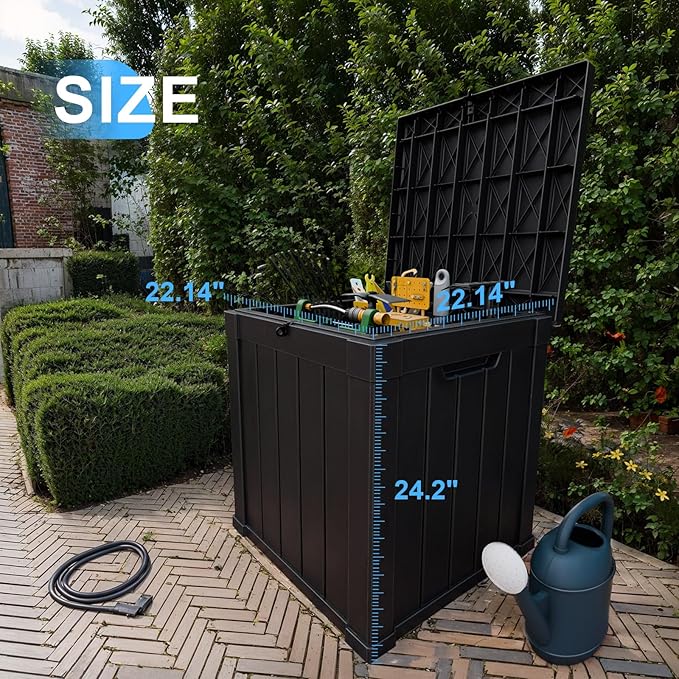 51 Gallon Resin Deck Box, Lockable Patio Outdoor Storage Box for Furniture, Garden Tools and Tools Storage, Waterproof Outside Storage Boxes - Black