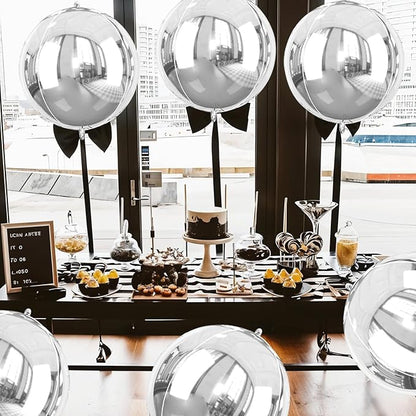 Giant 4D Foil Balloons, 6Pcs Large Metallic Silver Round Balloons, 22 Inch Big Round Foil Balloon for Silver Birthday Party Baby Shower Wedding Decorations