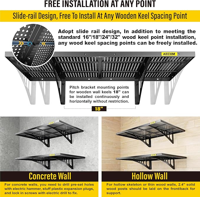 2-Pack 2x3ft Adjustable Garage Wall Shelving 560lbs Load Capacity Heavy Duty Wall Mounted Storage Shelf Metal Floating Shelves for Garage(Black)