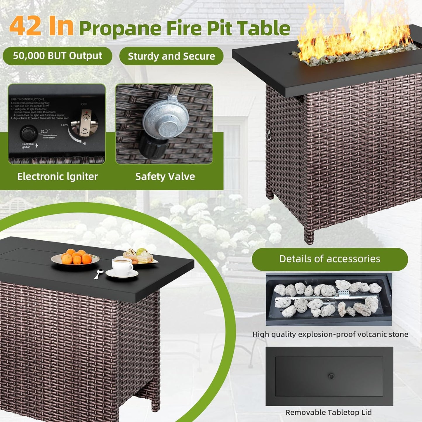 Outdoor Patio Sectional Sofa Set, 4-Piece Rattan Furniture, Patio Conversation Sets with Fire Pit, Seats 4, Light Grey