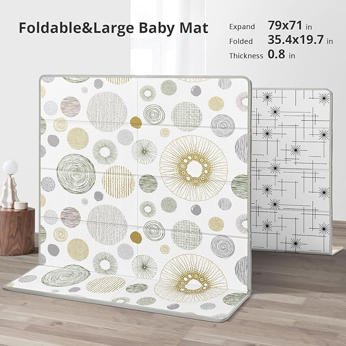 Extra Large Play Mat for Baby, 0.8 Inch Thick BPA Free, Reversible Foldable Baby Play Mat, 79" x71" Waterproof Foam Floor Baby Crawling Mat, Portable Playmat for Infants, Toddler, Kids, Circle