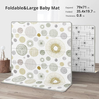 Extra Large Play Mat for Baby, 0.8 Inch Thick BPA Free, Reversible Foldable Baby Play Mat, 79" x71" Waterproof Foam Floor Baby Crawling Mat, Portable Playmat for Infants, Toddler, Kids, Circle