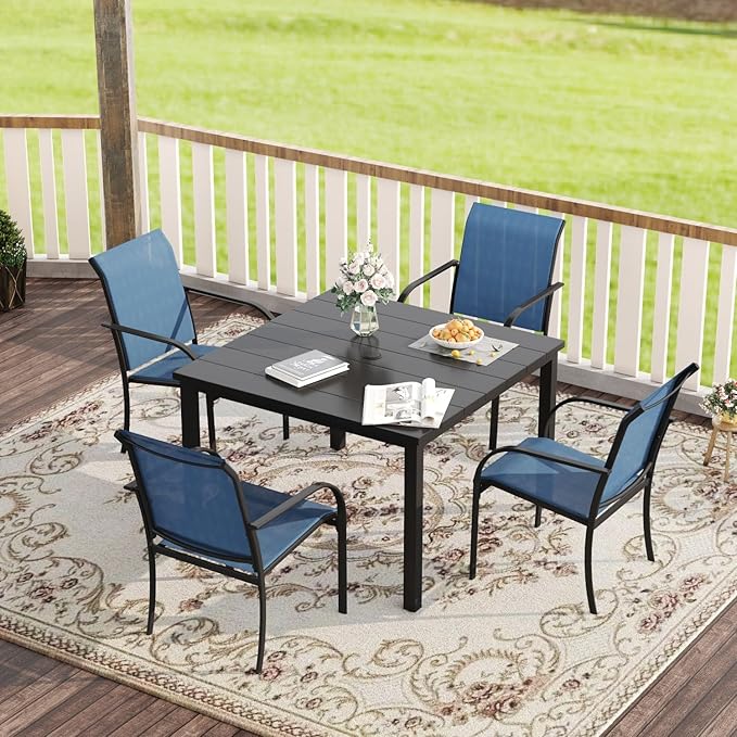 VICLLAX Patio Dining Set for 4, Outdoor Furniture Set Includes 40.2" Square Patio Table and 4 Stackable Patio Sling Chairs, Patio Table and Chairs for Outsides, Black Table and Blue Chairs