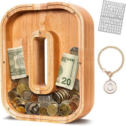 KMC Wooden Letter Piggy Bank, Personalized Initial Piggy Bank for Kids Boys, Clear Alphabet O Wood Money Box, Unbreakable Coin Saving Jar, Birthday, for Children