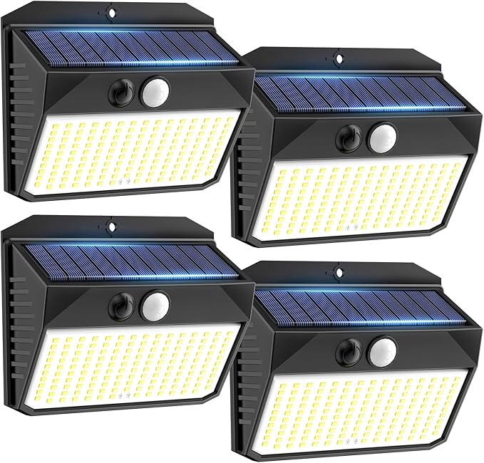 Solar Motion Sensor Fence Lights - Outdoor 4 Pack, 150 LED with 3 Modes, IP65 Waterproof, Solar Powered