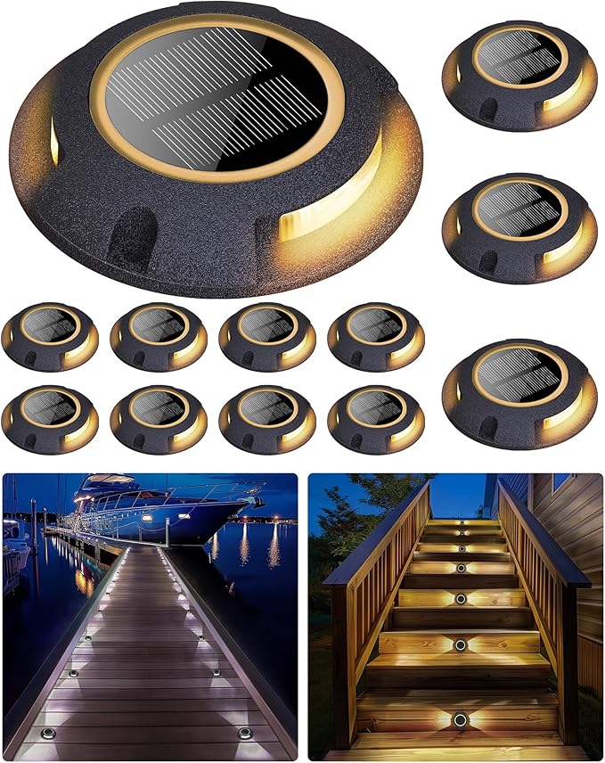 Solar Deck Dock Walkway Decorative Lights Outdoor Waterproof 12 Pack, 2 Colors in 1 Double-Sided LED Solar Driveway Lights for Road Marker Stair Pathway Patio Yard, Black