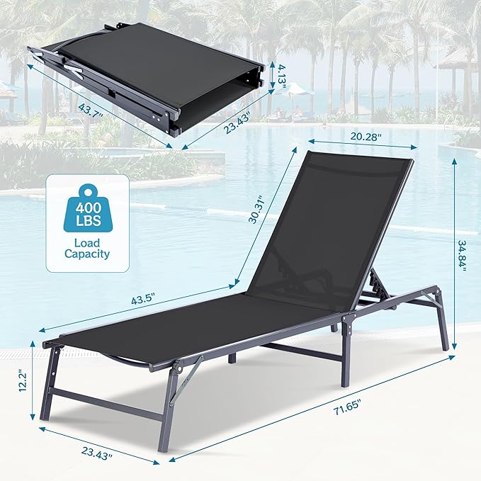 Outdoor Chaise Lounge Chair Set of 2, Foldable & Assemble-Free, 6 Adjustable Positions, Durable Rust-Resistant Frame, Portable Outdoor Pool Lounge Chairs for Pool Patio Beach, Black