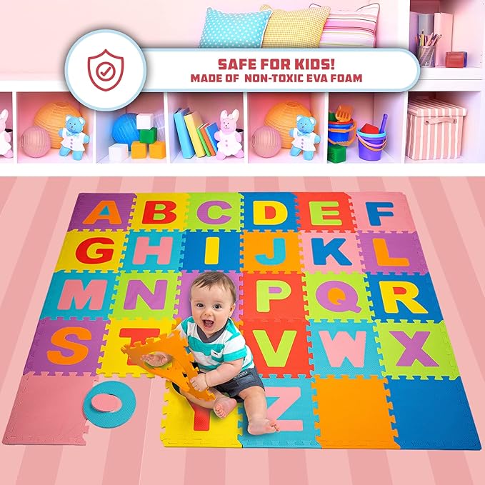 TOYVELT Foam Puzzle Floor Mat for Kids 12x12-30 Interlocking Play Mat Tiles with Colors, Alphabet, ABC - Educational Large Puzzle Foam Floor Tiles for Crawling, Exercise, Playroom, Play Area