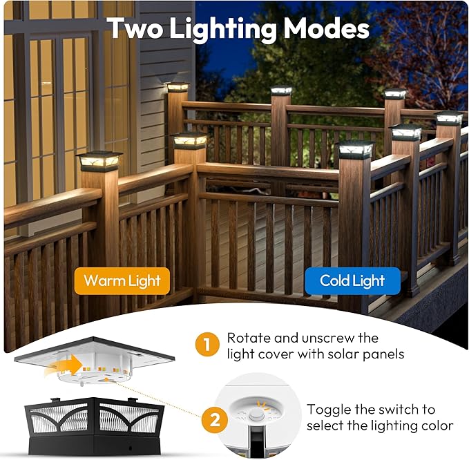 NIORSUN Solar Post Cap Lights Outdoor, 2 Modes LED, Deck Fence Post Solar Lights for 3.5x3.5 4x4 Caps Patio Garden Decoration, Warm White/Cool White Lighting Black 12 Pack