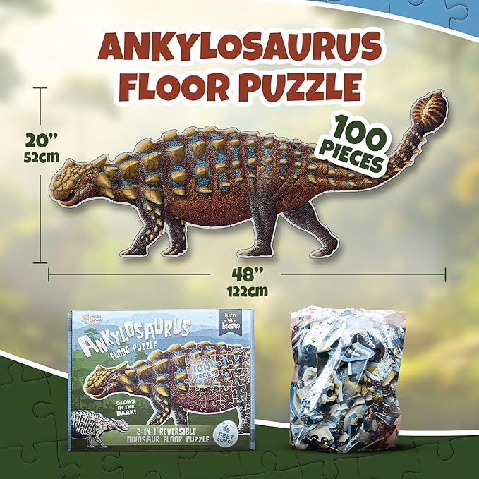 Ankylosaurus Dinosaur Jigsaw Puzzle | 100-Piece Double Sided Floor Puzzle with Glow-in-The-Dark Skeleton On Other Side | 4 FT Scientifically Accurate Dino Illustration | Educational Toy for Kids