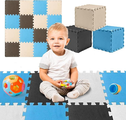 TOYVELT Foam Puzzle Floor Mat for Kids 12x12-32 Tiles Interlocking Play Mat with Colors - Educational Large Puzzle Foam Floor Tiles for Crawling, Non-Toxic - Blue-Brown-Beige