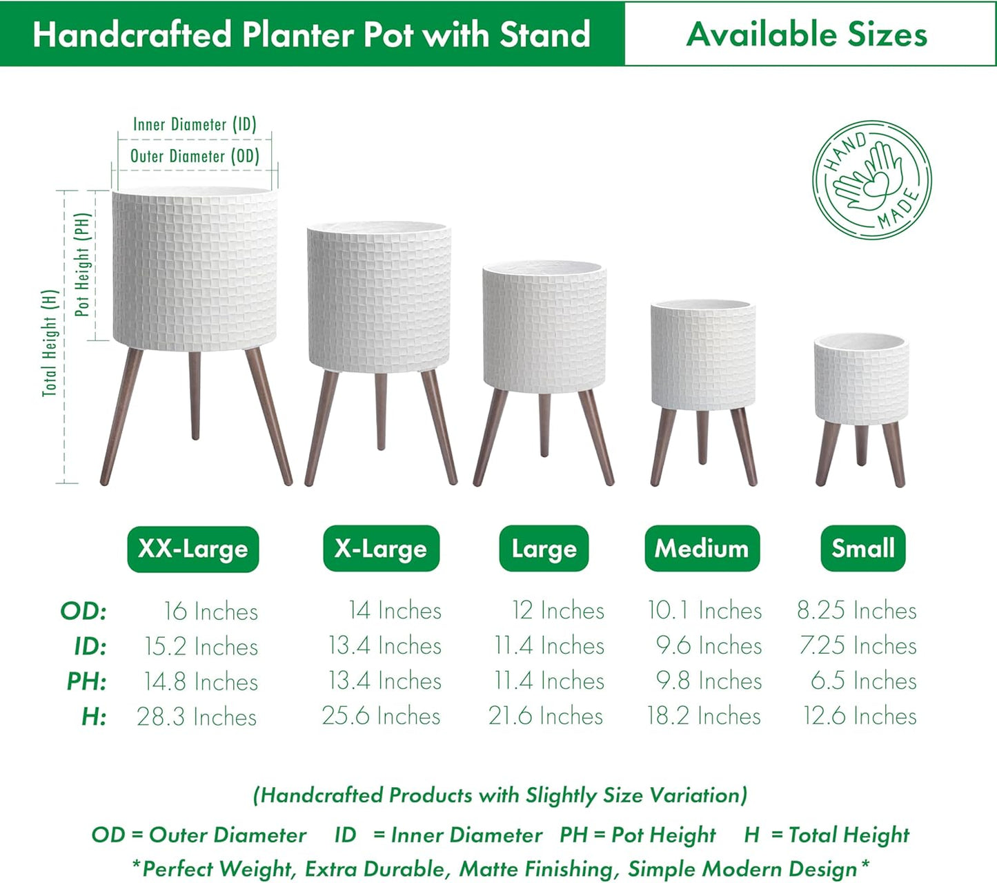 D'vine Dev 14 Inch Modern Geometric Tile Patterned Sleek Planter Pot with Stand, Indoor Outdoor Decorative Plant Holder, Matte White, 88-Z-D-1