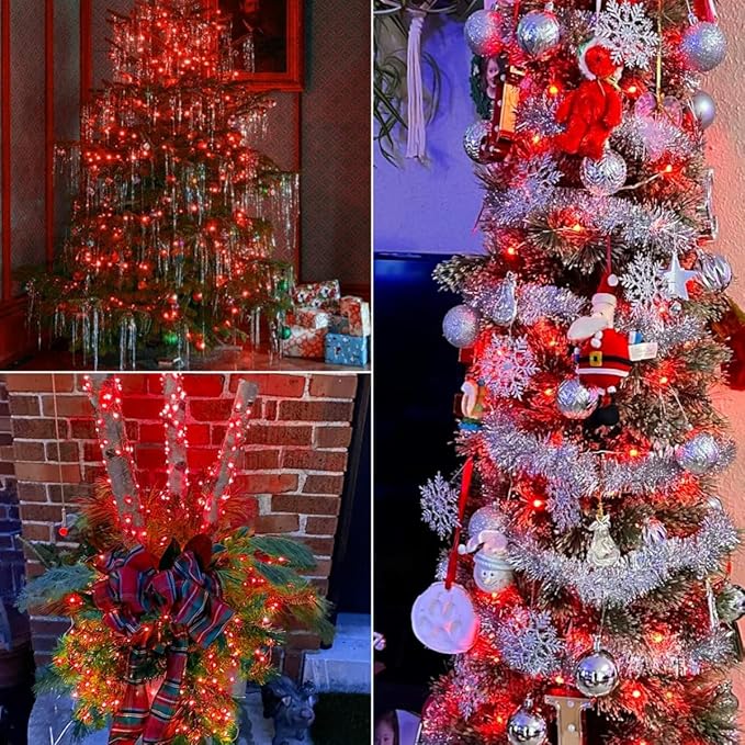 YEGUO 4 Pack Red Solar Fairy Lights Outdoor Waterproof, Each 33ft 100 LED String Light, 8 Modes Silver Wire