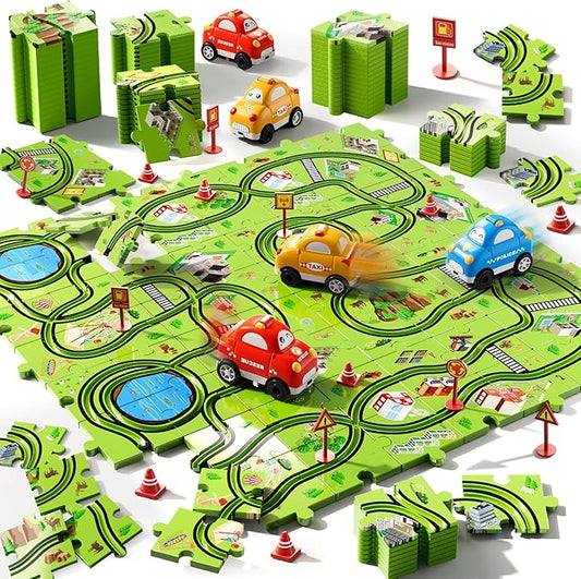 64 PCS Puzzle Track Car Set Toys for Kids Boys, Toddler Toys Gifts for 3 4 5 Year Old Boys, Floor Puzzle Tracks Car for Boys Ages 3-5 4-6, for 3 4 5 6 Year Old