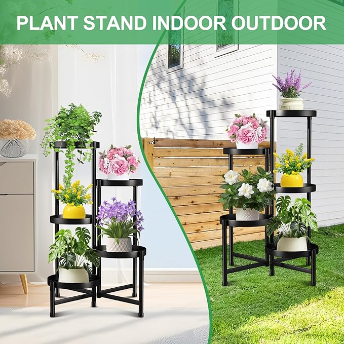 Plant Stand Indoor Outdoor,5 Tier Foldable Corner Tall Plant Shelf for Multiple Plants,Black Metal Tiered Plant Stand Sturdy and More Balanced,for Garden Patio Lawn Balcony