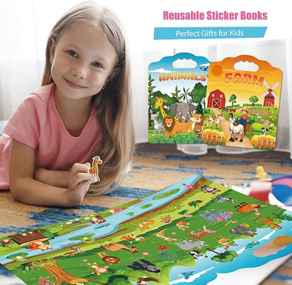 2 Set Reusable Sticker Books for Toddlers 2-4 Years, Puffy Reusable Sticker Activity Book for Kids Toddlers 1-3 Girls Boys Birthday Gifts Include Animal & Farm