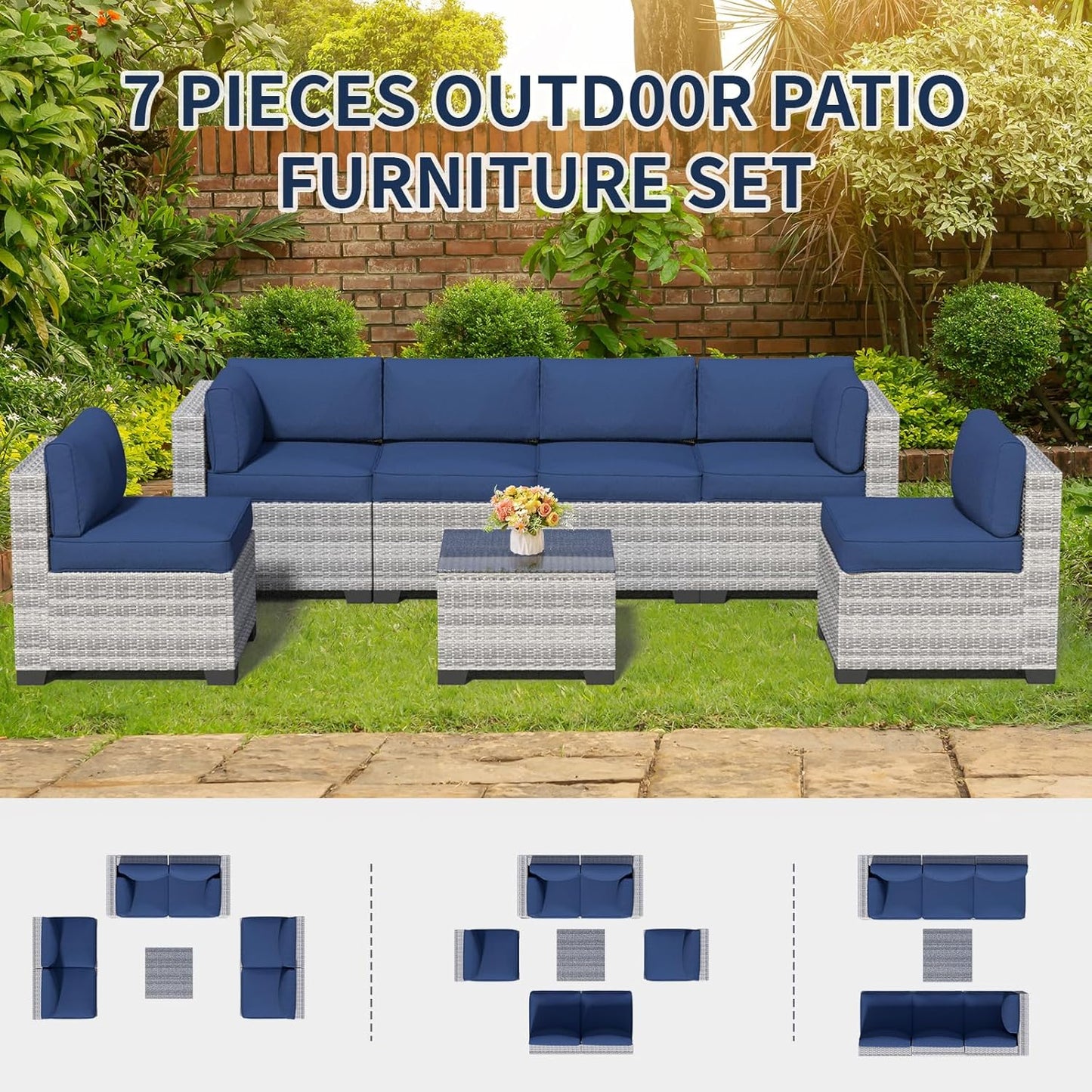 7 Piece Patio Furniture Set, Rattan Outdoor Patio Conversation Sets, Outdoor Sectional Furniture with Waterproof Cushion and Coffee Table, for Deck, Backyard, Garden, Dark Blue