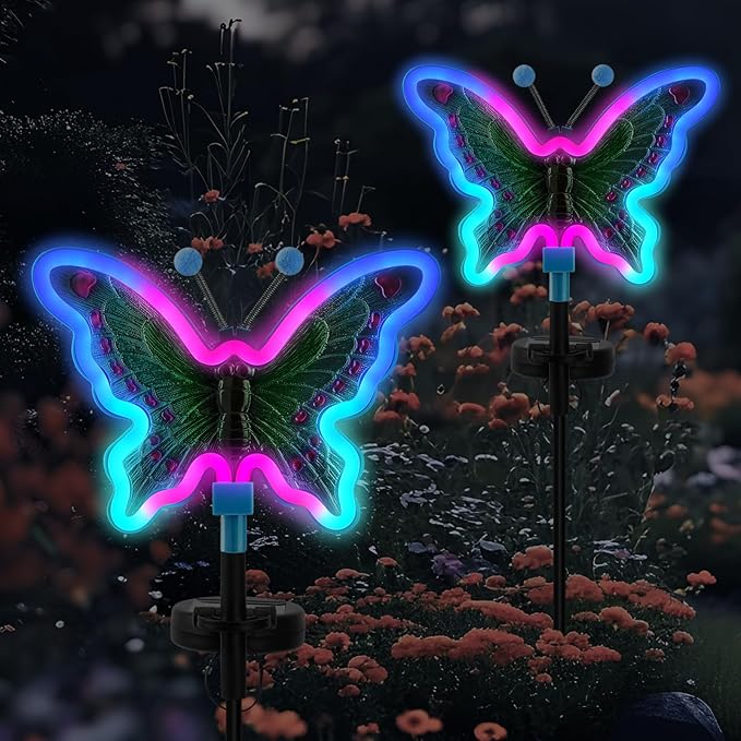 Solar Butterfly Lights Outdoor,Butterfly Solar Lights for Outside, Solar Garden Decor, Outdoor Garden neon Lights,Pathway Butterfly Lights (Light Blue,2pack)