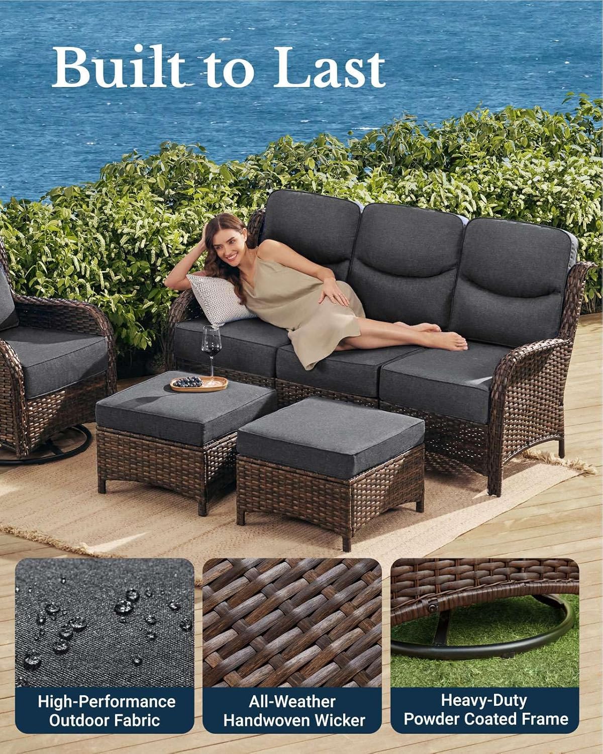 HILLGA Luxury Patio Furniture Set with 6-inch Thick Cushion, Outdoor Couch and High Back Swivel Rocker Patio Chairs, 7PCS Wicker Conversation Set for Deck Yard and Poolside, Dark Grey (V2)