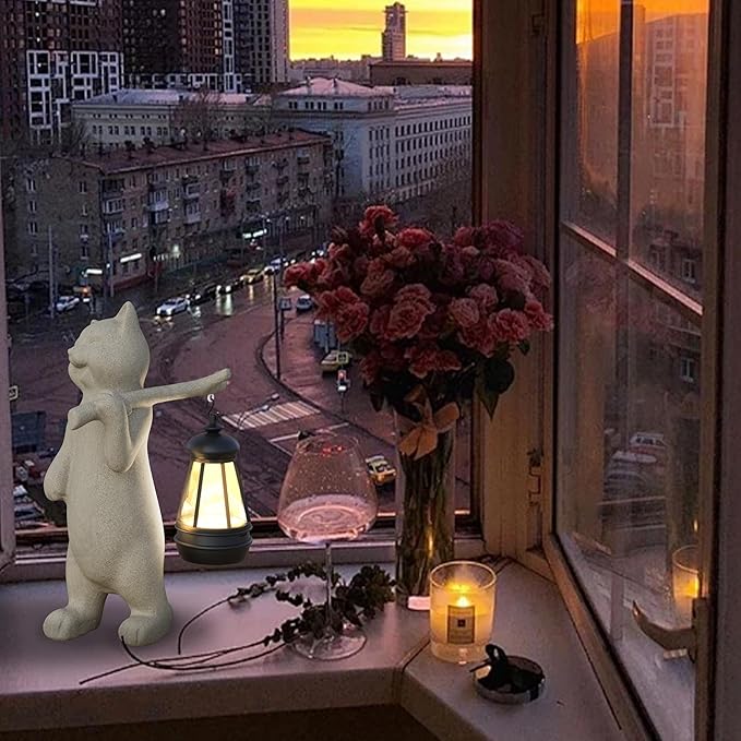 Solar Powered Garden Resin Statue Lights, 10 Inch Waterproof Outdoor Animal Cute Cat Figurine Lights, Suitable for Patios, Balconies, Lawns, Courtyards, Etc. (Walking)