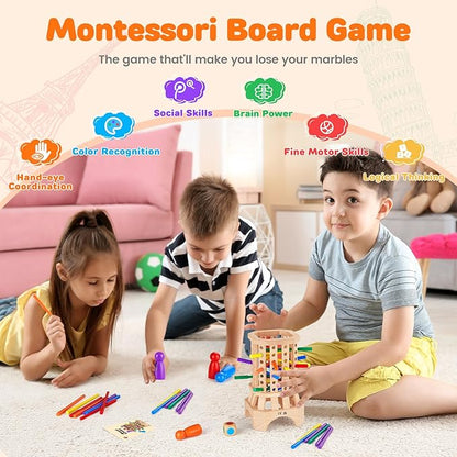 Montessori Wooden Board Game, Educational Toys for 3 4 5 6 Year Old, Board Games for Kids with Colorful Sticks, Math Game Fine Motor Skills Toys, Family Travel Games for Kids and Adults Gifts for 3+