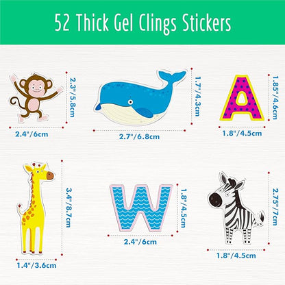 52PCS Alphabet & Animal Jelly Stickers, Thick Window Door Cling Decals Removable Reusable Gel Decals for Kids Toddlers Home Classroom Nursery Animal Theme Party Supplies Decorations (Not Edible)