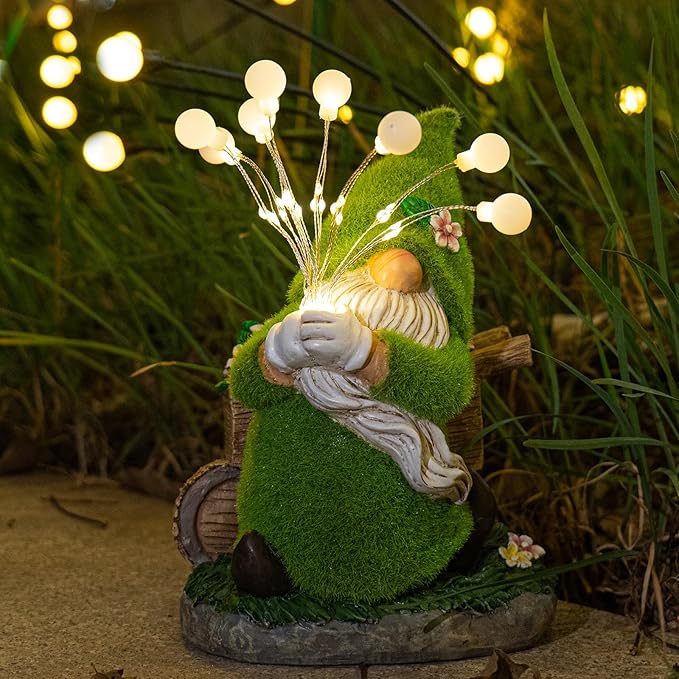 mopha Garden Gnomes Statues Outdoor Decor, Funny Solar Powered Fairy Firefly Lights Lawn Ornaments, Resin Figurines Outside Decoration Clearance Gardening Gift