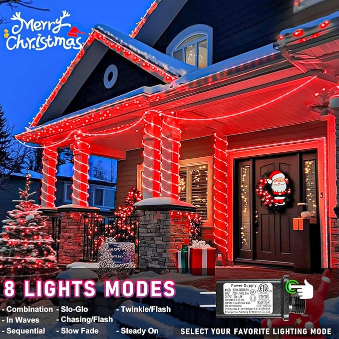 66FT 200 LED Rope Lights for Outside, Christmas String Lights with Waterproof 8 Modes, Flexible and Connectable Plug in Fairy Lights for Outdoor Indoor Bedroom Patio Wedding Decorations, Red