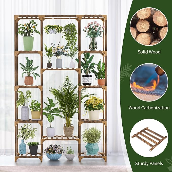 Uneedem Plant Stand Indoor Outdoor, Tall Plant Shelf for Multiple Plants, 12 Tiers 14 Pot Large Plant Rack Wood Plant Holder Plant Shelves for Room Corner Balcony Garden Patio