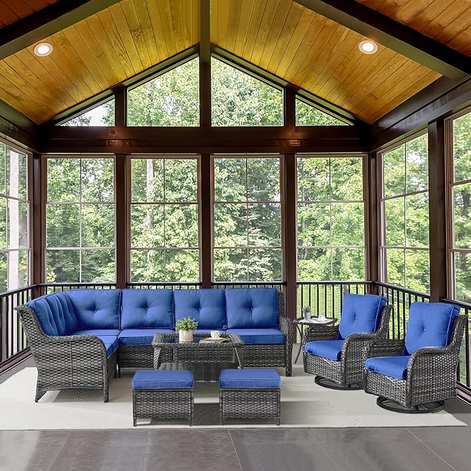 Outdoor Furniture Sectional Sofa L Shaped Couch - Patio Wicker Set with 2 Swivel Glider Chairs, 8 Piece Rattan Patio Conversation Sets with Blue Cushion for Deck Backyard Sunroom