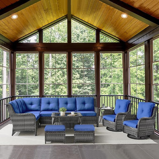Outdoor Furniture Sectional Sofa L Shaped Couch - Patio Wicker Set with 2 Swivel Glider Chairs, 8 Piece Rattan Patio Conversation Sets with Blue Cushion for Deck Backyard Sunroom