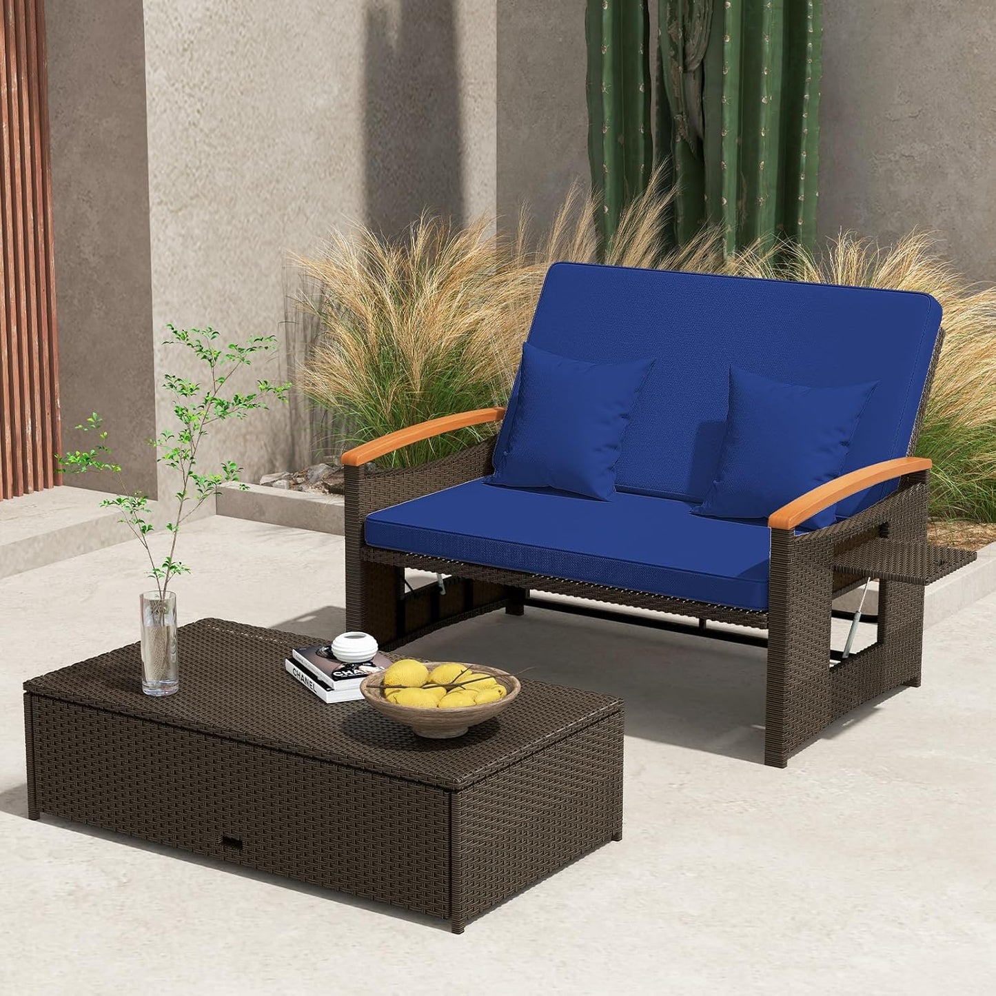 Tangkula Patio Rattan Daybed Set with Cushioned Loveseat and Storage Ottoman, Outdoor Double Chaise Lounger with 4-Level Adjustable Backrest and Retractable Side Trays for Backyard (Navy)